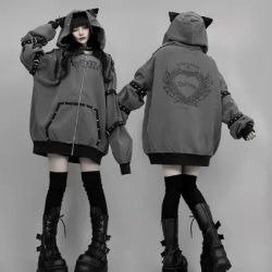 Harajuku gothique foncé automne hiver à capuche oreilles de chat mignonnes sous-culture Cardigan à fermeture éclair pull manteau femmes rétro Y2k veste décontractée