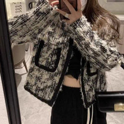 Manteau pied-de-poule rétro français noir, petit manteau parfumé pour femmes, veste chic de tempérament de haute qualité, haut cardigan, printemps et automne