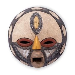 'Artisan-Made Antiqued Aluminum and Wood African Wall Mask'