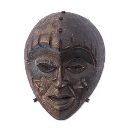Ngando Shadow,'African Wood Wall Mask with Triangular Carvings on Cheeks'