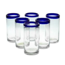 Refreshing Jalisco,'Set of 6 Handblown Blue Rim Tumbler Glasses from Mexico'