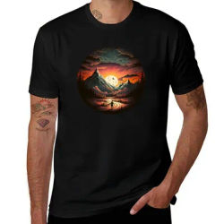 T-shirt pour hommes avec motif soleil couchant sur les montagnes, idéal pour les fêtes