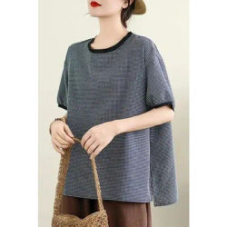 T-shirt en coton et soie à carreaux pour femmes, col contrasté, manches courtes, coupe ample, décontracté, haut d'été