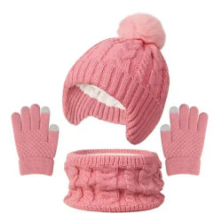 Ensemble de chapeaux et gants pour bébé, couleur unie, écharpe, pompon mignon, oreilles chaudes, chapeaux tricotés épais, garde au chaud, ensemble de chapeaux pour enfants