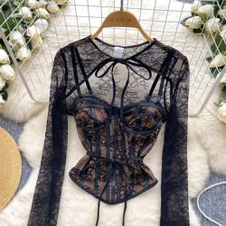 Sexy mince Camisole haut sans bretelles + mince manches évasées dentelle couverture chemise pour les femmes transparent noir deux pièces chemise Blusa Feminina