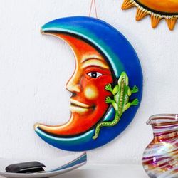 'Moon and Iguana-Themed Orange and Blue Ceramic Wall Art'