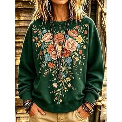 Per donna Felpe Stampato Floreale Grafico Attivo Vintage Moda Manica Lunga Girocollo Top Regolari Casuale Blu Nero Verde Beige Autunno Inverno