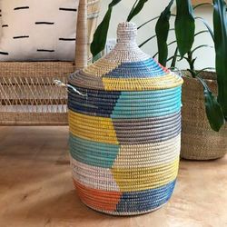 Multicolored Stripes Hamper,'Handwoven Natural Fiber Hamper Lidded Basket from Senegal'