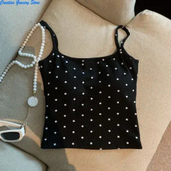 Camisole à pois pour femme avec bonnets intégrés – Haut dos nu en U profond, débardeur sans couture anti-exposition pour superposition