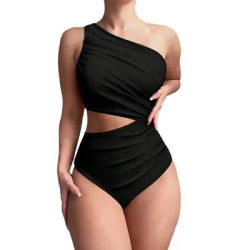 Maillot de bain monokini asymétrique à découpes pour femme, froncé, taille haute, ajouré, couleur unie, une pièce