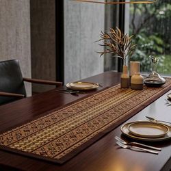 Sparkling Geometry,'Geometric Handwoven Brown Cotton and Silk Table Runner'
