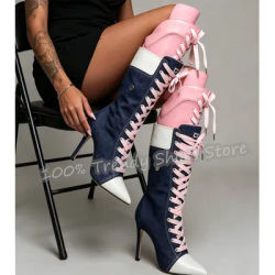 Bottes hautes en jean tendance avec lacets, bout pointu, talon haut, couleurs mélangées, pour femme, style streetwear et soirée