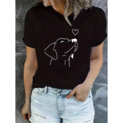 T-shirt de sport à col rond imprimé chien, manches courtes, hauts décontractés pour la course, vêtements esthétiques pour femmes