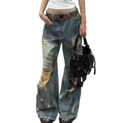 Jean large déchiré bleu clair pour femme, taille haute, style vintage Y2K, coupe baggy en denim