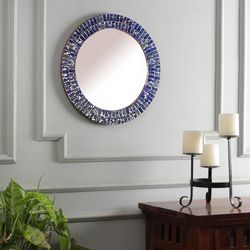 Midnight Reflections,'Blue and Silver Round Handcrafted Glass Mosaic Wall Mirror'