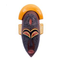 'Artisan-Made Antiqued Aluminum and Wood African Wall Mask'