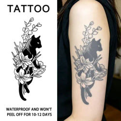 Autocollants de tatouage temporaire à base de plantes Cat and Flower, imperméables et durables pendant une à deux semaines, adaptés aux femmes, au bras et à la jambe