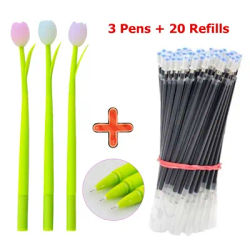 3 stylos à Gel + 20 recharges, 0.38mm, plantes créatives, en Silicone, tulipe, pêche, Signature