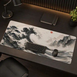 Tapis de souris à vagues d'encre noir et blanc, grand tapis de souris XL pour la maison, tapis de souris XXL antidérapant pour bureau et ordinateur