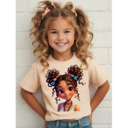 Haut à manches courtes à col rond pour filles, nouveau haut noir mignon pour filles, vêtements pour filles, t-shirt à imprimé de dessin animé, haut pour enfants
