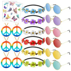 Hippie Theme Dress Up Kit Flower Crowns Sunglasses Necklaces Stickers for 60s 70s Theme Party, Groovy Costume Accessory