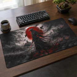 Red Moon Samurai – tapis de souris pour ordinateur XL HD, tapis de souris XXL, en caoutchouc naturel, accessoires de bureau souples, tapis de table