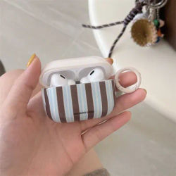 Étui AirPods 4 1 2 3 à rayures marron et bleues, étui de protection sans fil Bluetooth avec pendentif chiot