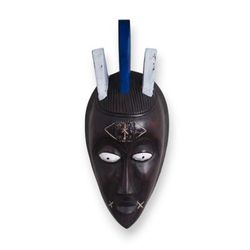 'Hand-Carved Painted African Sese Wood Wall Mask with Horns'