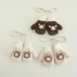 Winter Lamb Wool Gloves for Baby Cute Cartoon Rabbit Mittens Thickened Warm Plush Full Finger Gloves With Ropes