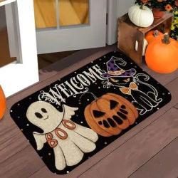 VIKAMA Halloween Black Cat Boo Door Mat Ghost Pumpkin Non-Slip Entry Rug Welcome Floor Carpet Party Decor