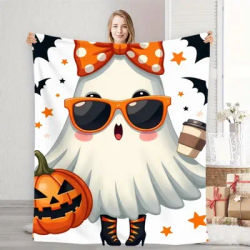 Cool Sunglasses Bow Ghost Pumpkin Bat Halloween Flannel Throw Blanket, Girly Coquette Spooky Ghost Fall Holiday Blanket