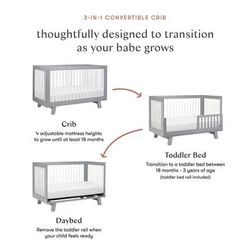 Babyletto Hudson 3-in-1 Convertible Crib with Toddler Bed Conversion Kit - Grey/White
