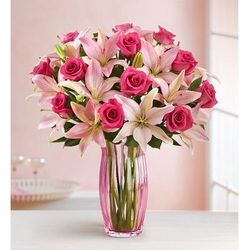 1-800-Flowers Flower Delivery Magnificent Pink Rose & Lily Bouquet W/ Pink Vase | Quality Delivered | Happiness Delivered To Their Door