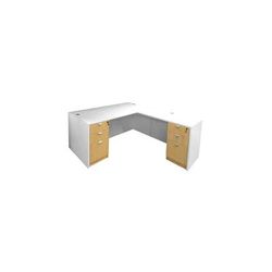 White & Woodgrain L-Shaped Rectangular Executive Desk w/6 Drawers