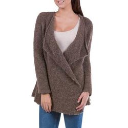 Chocolate Boucle,'Brown Loose Fit Alpaca Blend Long Cardigan from Peru'