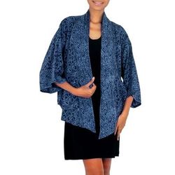 Indigo Garden,'Blue Javanese Batik Rayon Kimono Jacket'