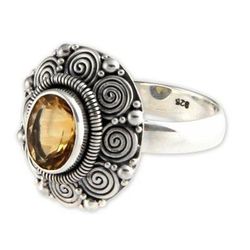 'Balinese Sunflower' - Indonesian Sterling Silver and Citrine Cocktail Ring