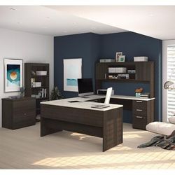 Ridgeley U-shaped Desk w/ Lateral File & Bookcase in Dark Chocolate & White Chocolate - Bestar 52850-31