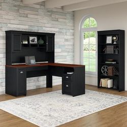 Fairview L Desk, Hutch & 5 Shelf Bookcase in Antique Black - Bush Furniture FV005AB