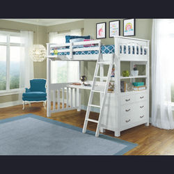 Hillsdale Kids and Teen Highlands Wood Twin Loft Bed with Desk and Hanging Nightstand, White - 12070NDHN