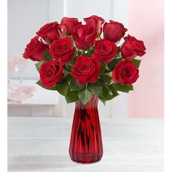 1-800-Flowers Flower Delivery One Dozen Red Roses W/ Red Vase | 100% Satisfaction Guaranteed | Happiness Delivered To Their Door