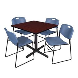 "Cain 36" Square Breakroom Table in Mahogany & 4 Zeng Stack Chairs in Blue - Regency TB3636MH44BE"