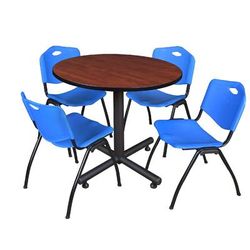 "Kobe 36" Round Breakroom Table in Cherry & 4 'M' Stack Chairs in Blue - Regency TKB36RNDCH47BE"