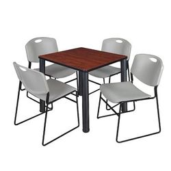 "Kee 30" Square Breakroom Table in Cherry/ Black & 4 Zeng Stack Chairs in Grey - Regency TB3030CHBPBK44GY"