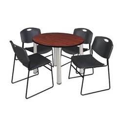 "Kee 36" Round Breakroom Table in Cherry/ Chrome & 4 Zeng Stack Chairs in Black - Regency TB36RNDCHBPCM44BK"