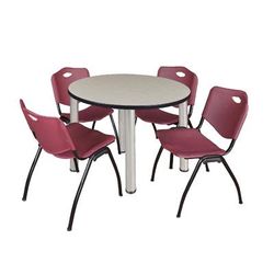 "Kee 42" Round Breakroom Table in Maple/ Chrome & 4 'M' Stack Chairs in Burgundy - Regency TB42RNDPLBPCM47BY"