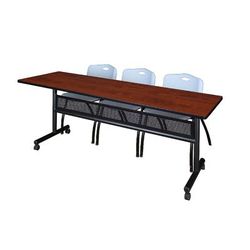 "84" x 24" Flip Top Mobile Training Table w/ Modesty Panel in Cherry & 3 "M" Stack Chairs in Grey - Regency MKFTM8424CH47GY"