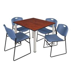 "Kee 48" Square Breakroom Table in Cherry/ Chrome & 4 Zeng Stack Chairs in Blue - Regency TB4848CHBPCM44BE"