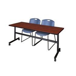 "72" x 30" Flip Top Mobile Training Table in Cherry & 2 Zeng Stack Chairs in Blue - Regency MKFT7230CH44BE"