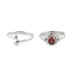 Gemstone Radiance,'Garnet and Sterling Silver Rings Crafted in India (Pair)'